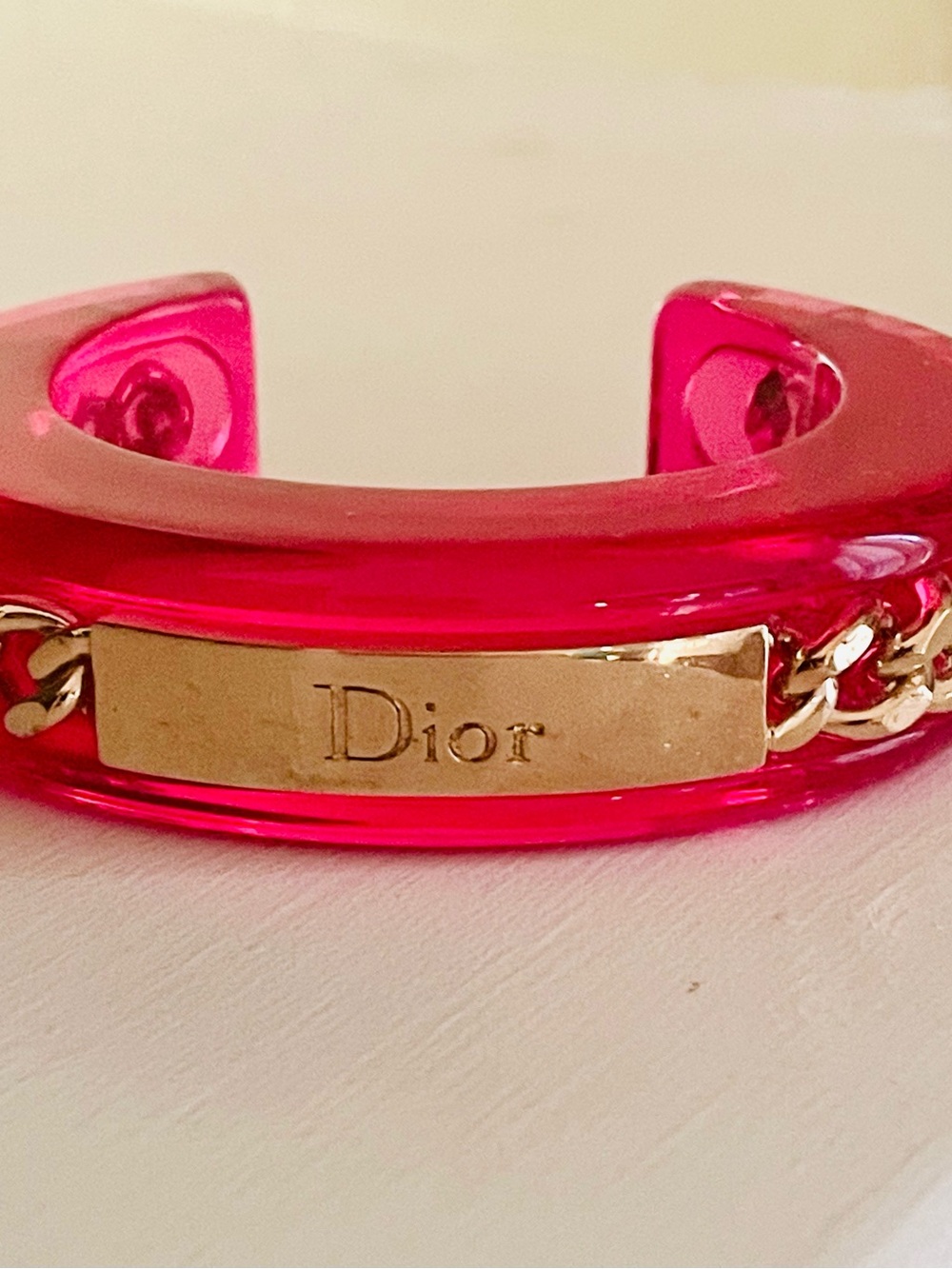 Dior Vintage Hot Pink Lucite Cuff Bracelet with Gold Chain
